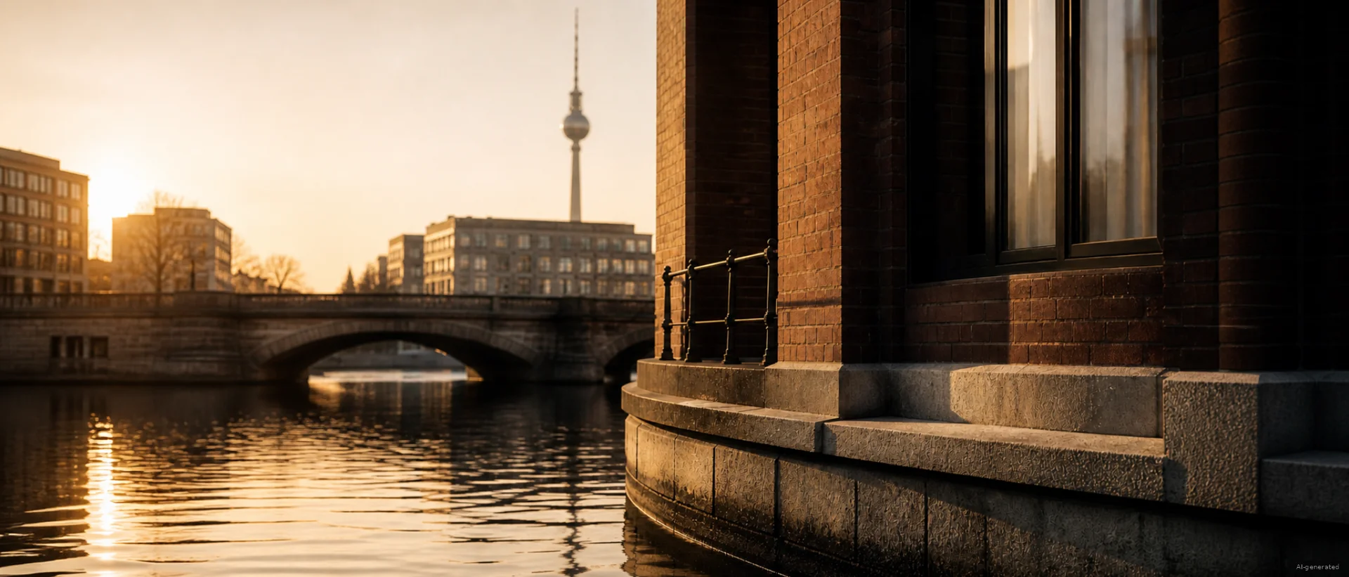 Ihr Stadthotel in Berlin: DASEYN | Fischerinsel Sonnenuntergang über einem Fluss mit Brücke und Fernsehturm im Hintergrund