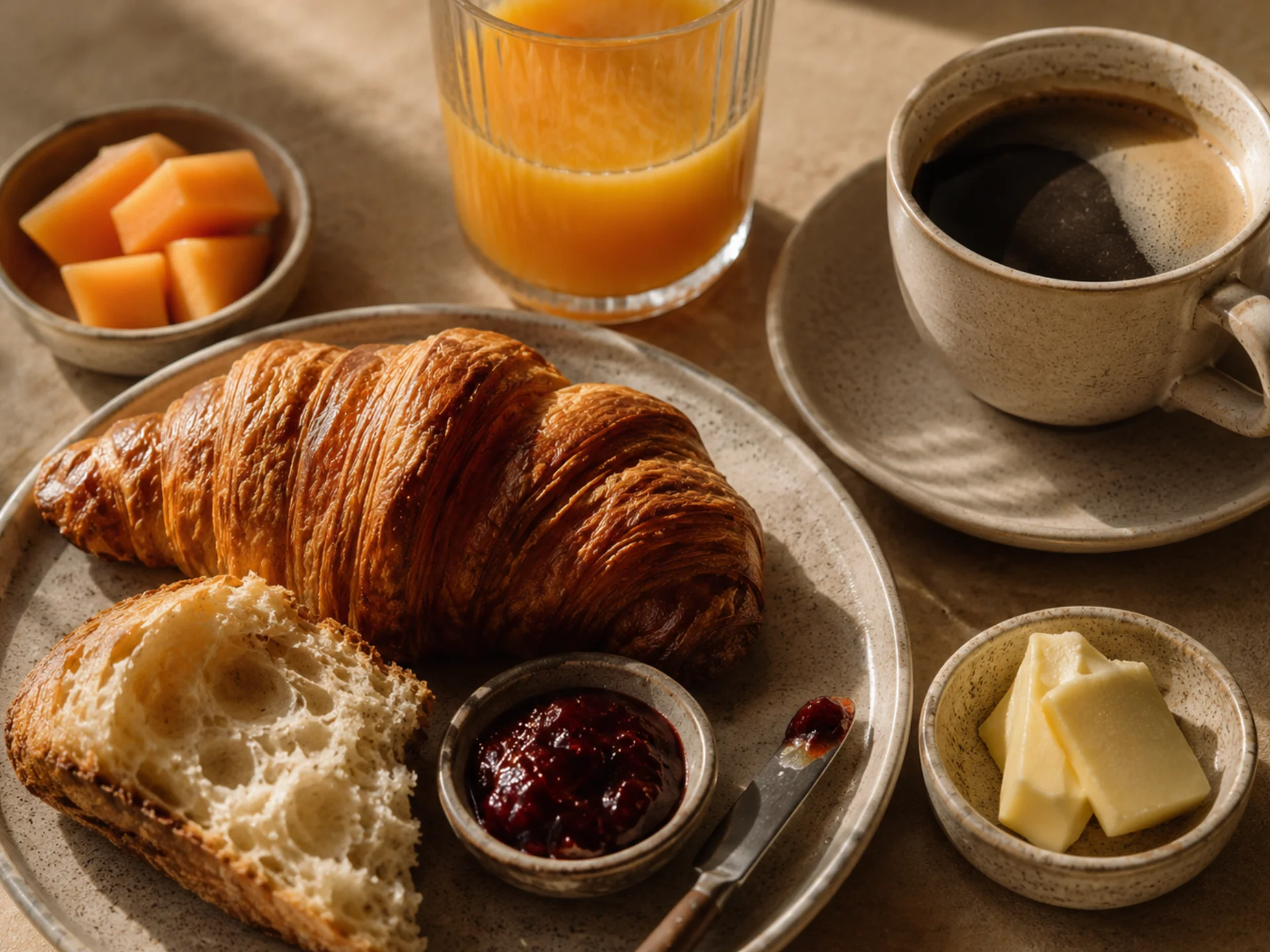 Ihr Stadthotel in Berlin: DASEYN | Fischerinsel Frühstück mit Croissant, Brot, Marmelade, Butter, Kaffee und Orangensaft