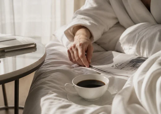 Ihr Stadthotel in Berlin: DASEYN | Fischerinsel Person in Bademantel liest Zeitung im Bett mit Kaffee auf dem Nachttisch